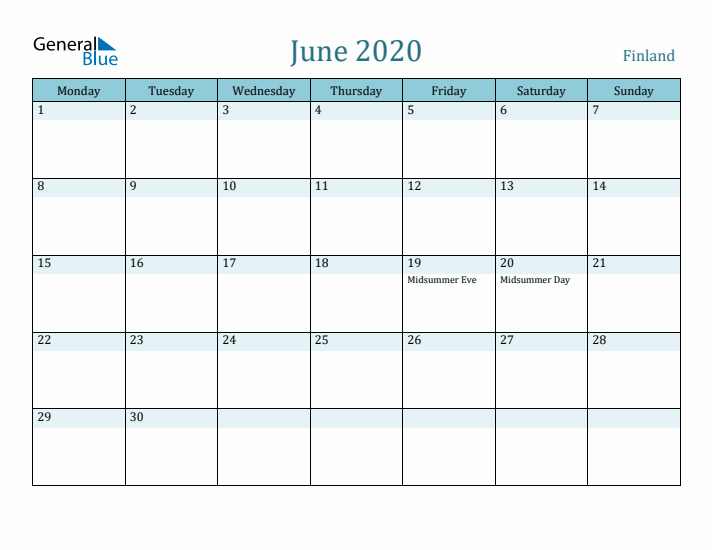 June 2020 Calendar with Holidays