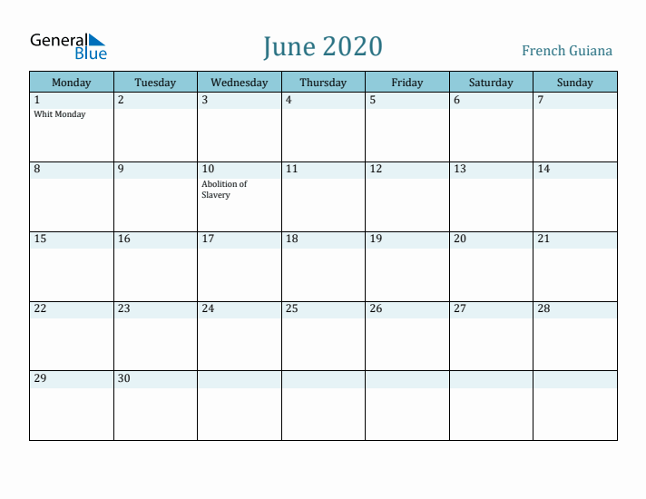 June 2020 Calendar with Holidays