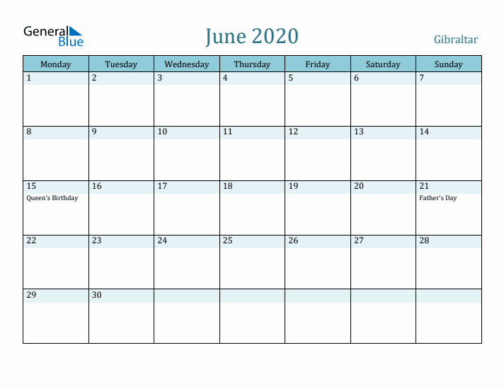 June 2020 Calendar with Holidays