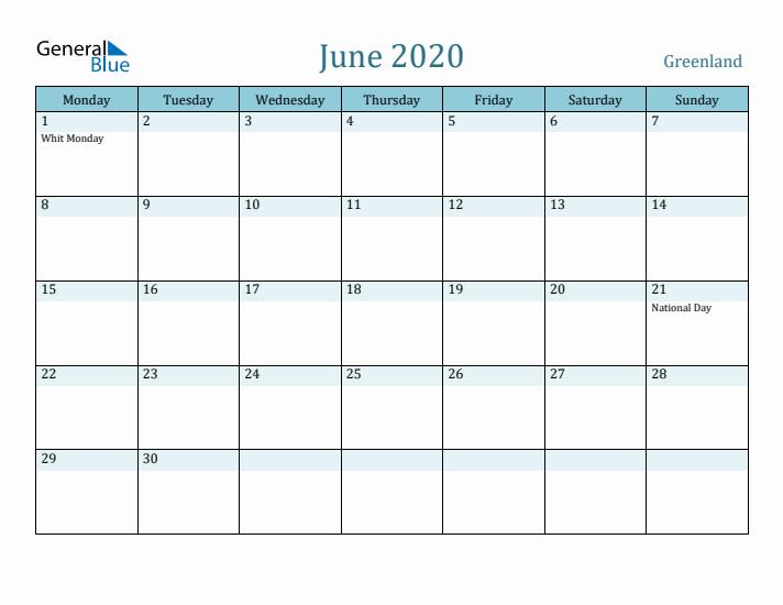 June 2020 Calendar with Holidays