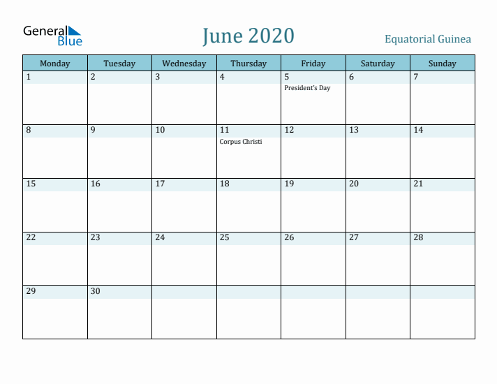 June 2020 Calendar with Holidays