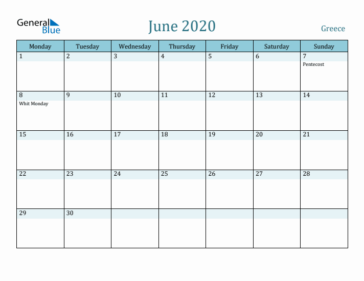 June 2020 Calendar with Holidays