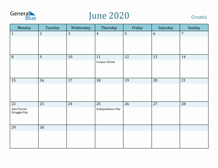 June 2020 Calendar with Holidays