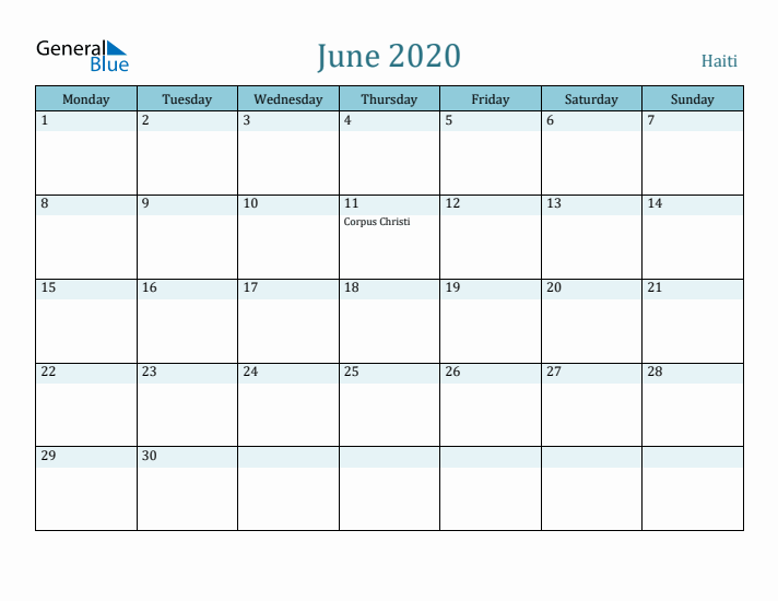 June 2020 Calendar with Holidays