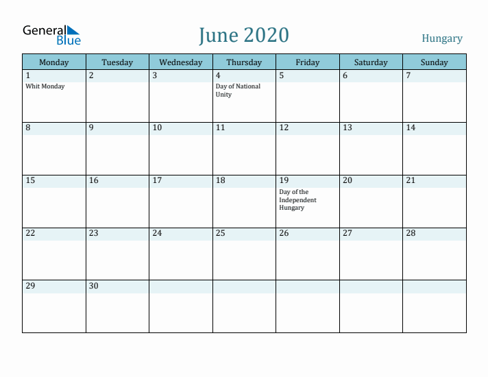 June 2020 Calendar with Holidays