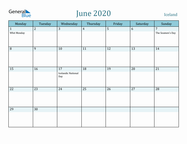 June 2020 Calendar with Holidays