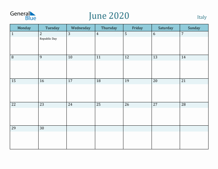 June 2020 Calendar with Holidays