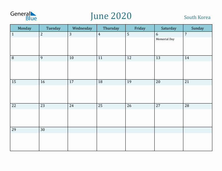 June 2020 Calendar with Holidays