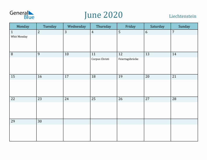 June 2020 Calendar with Holidays