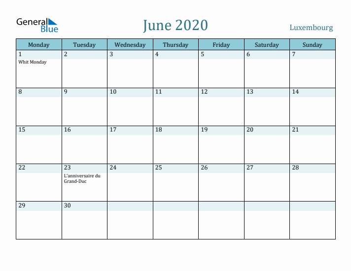 June 2020 Calendar with Holidays