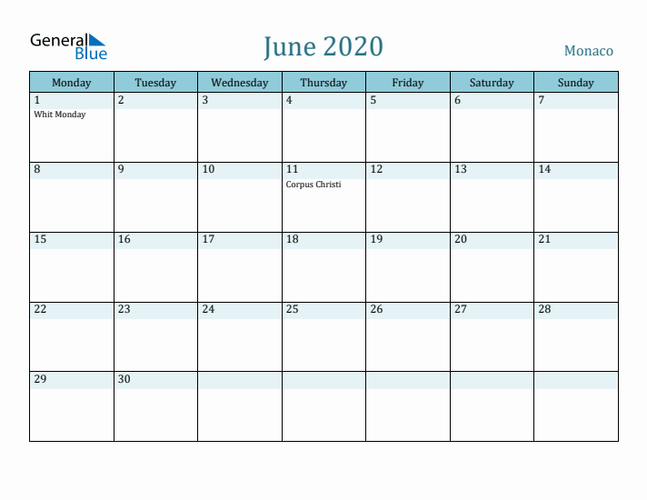 June 2020 Calendar with Holidays