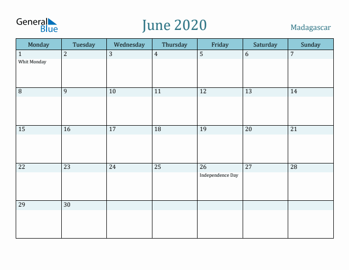 June 2020 Calendar with Holidays