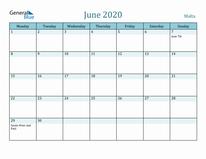 June 2020 Calendar with Holidays