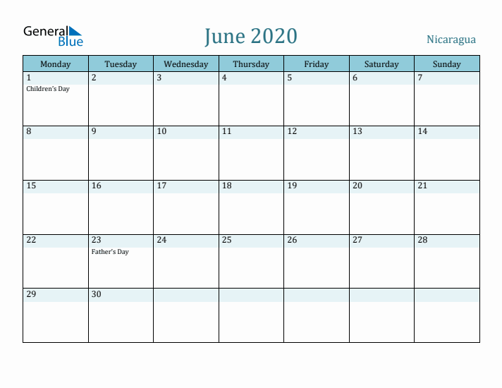 June 2020 Calendar with Holidays