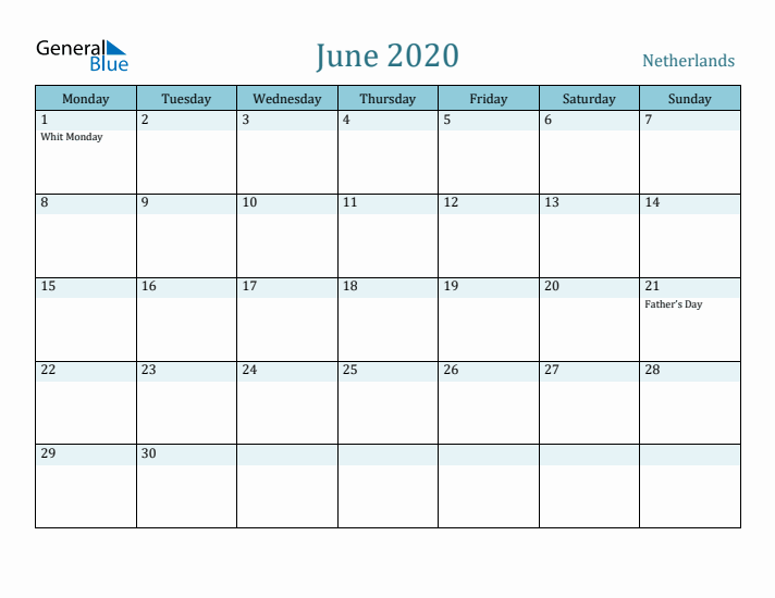 June 2020 Calendar with Holidays