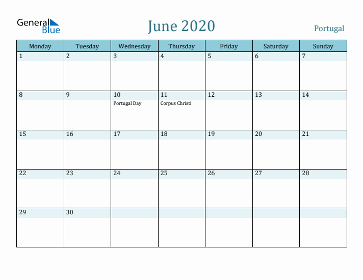 June 2020 Calendar with Holidays