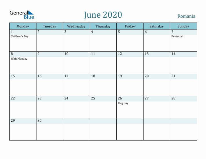 June 2020 Calendar with Holidays