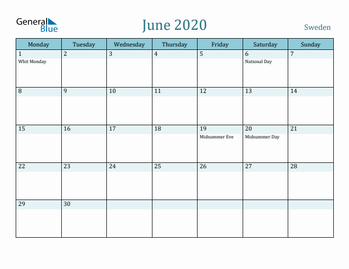 June 2020 Calendar with Holidays