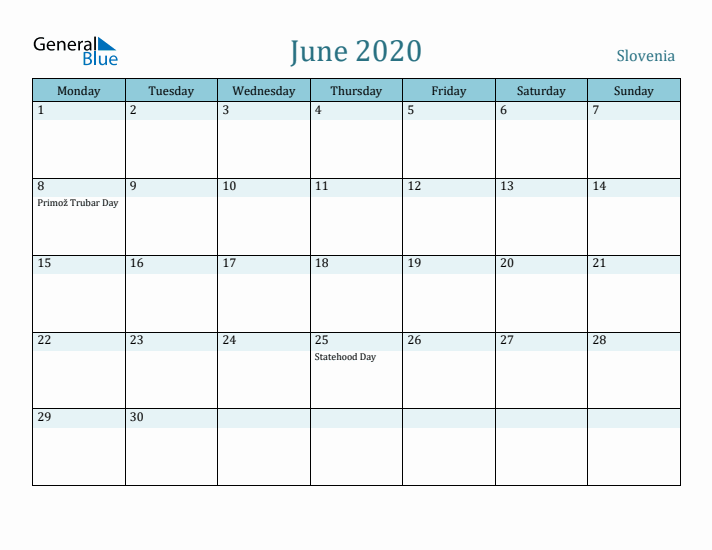 June 2020 Calendar with Holidays