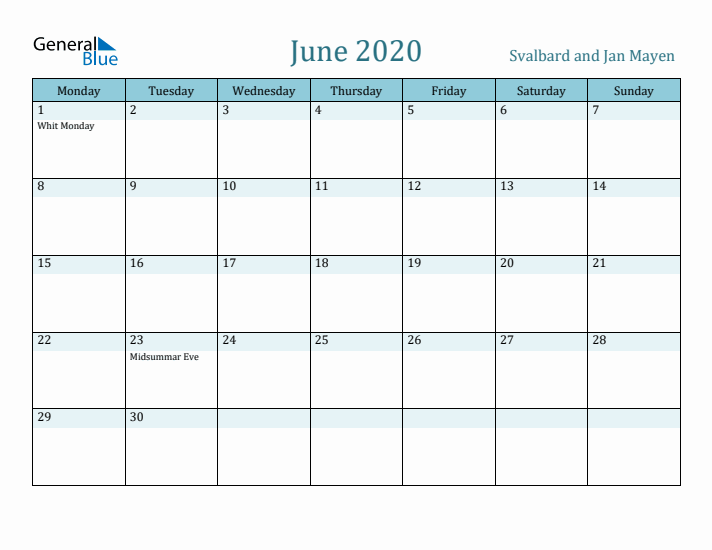 June 2020 Calendar with Holidays