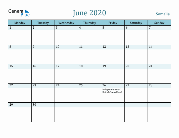 June 2020 Calendar with Holidays