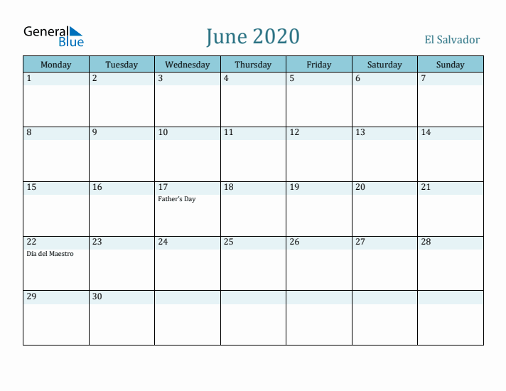 June 2020 Calendar with Holidays