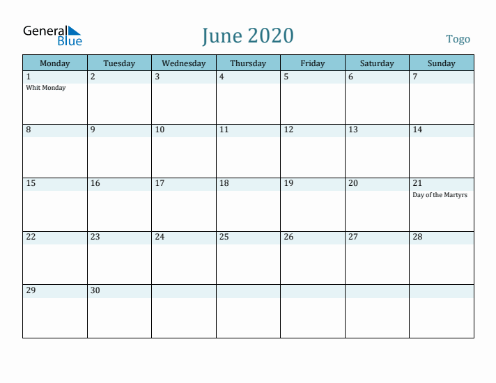 June 2020 Calendar with Holidays