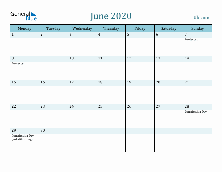 June 2020 Calendar with Holidays