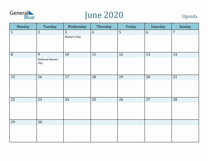 June 2020 Calendar with Holidays