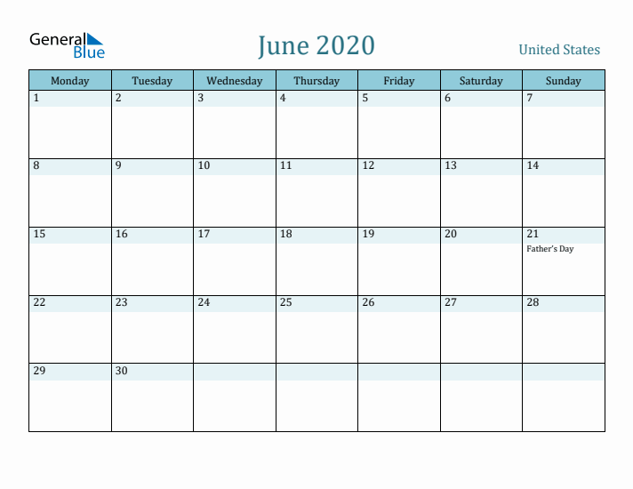 June 2020 Calendar with Holidays