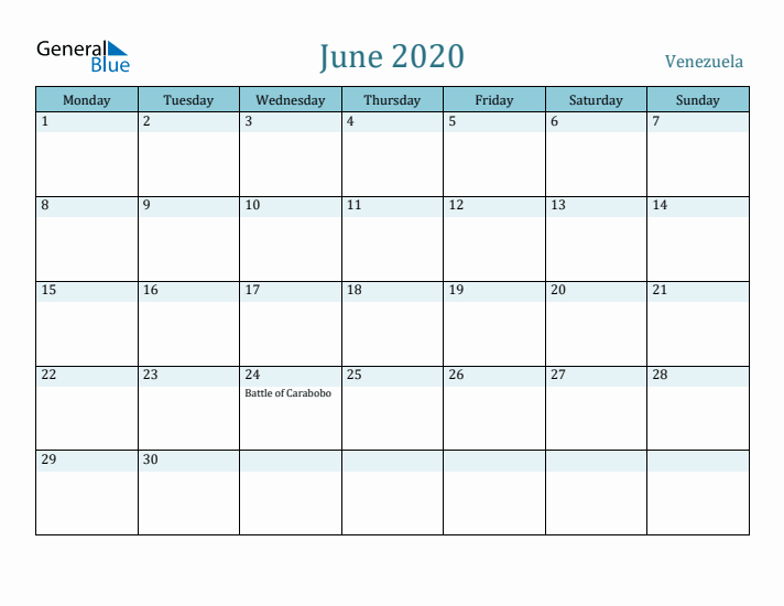 June 2020 Calendar with Holidays