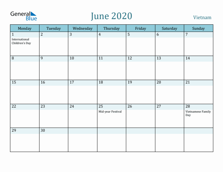 June 2020 Calendar with Holidays