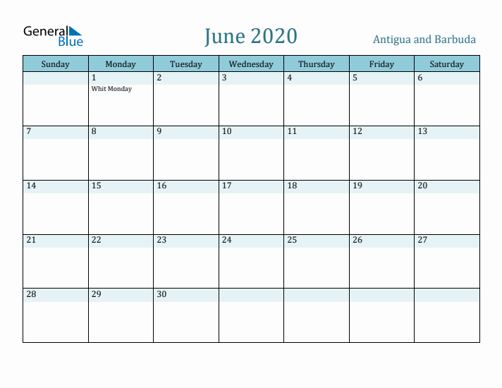 June 2020 Calendar with Holidays