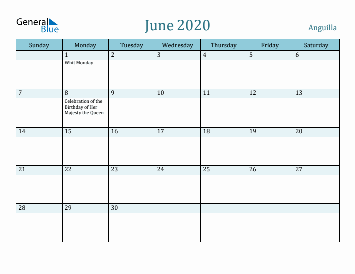 June 2020 Calendar with Holidays