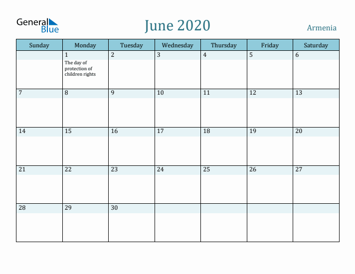 June 2020 Calendar with Holidays