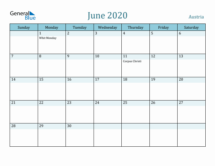 June 2020 Calendar with Holidays