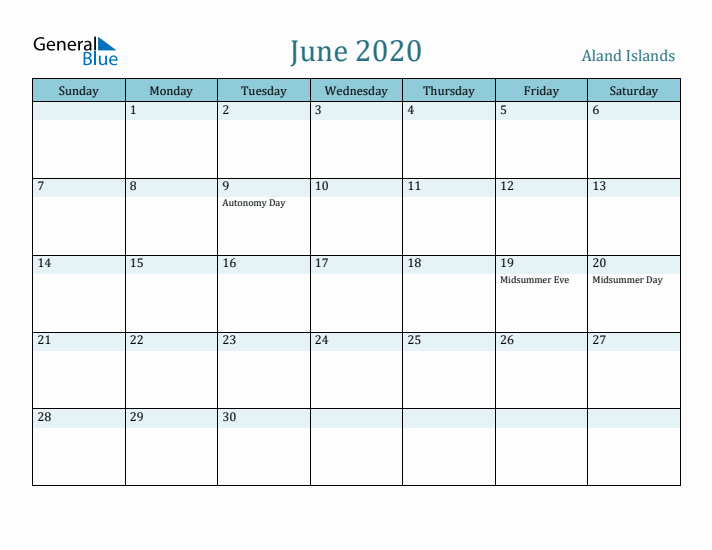 June 2020 Calendar with Holidays