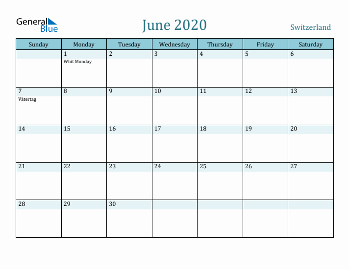 June 2020 Calendar with Holidays