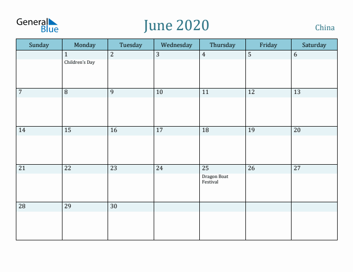 June 2020 Calendar with Holidays