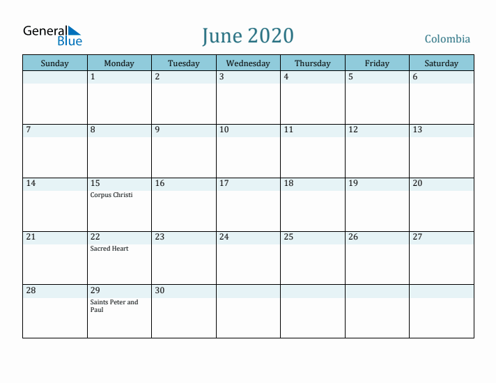 June 2020 Calendar with Holidays