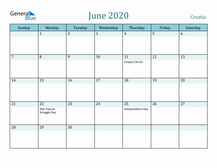 June 2020 Calendar with Holidays