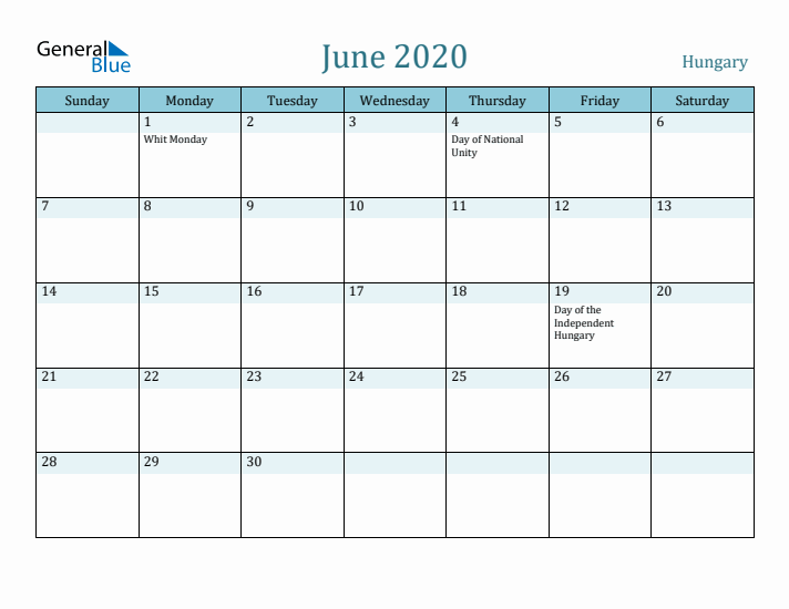 June 2020 Calendar with Holidays