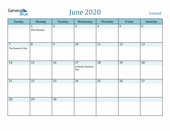 June 2020 Calendar with Holidays