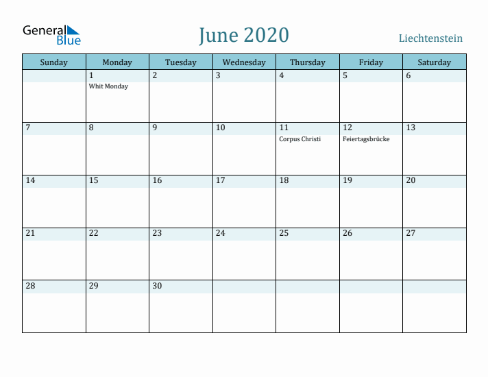 June 2020 Calendar with Holidays