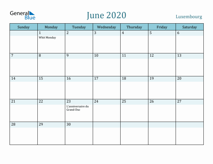 June 2020 Calendar with Holidays