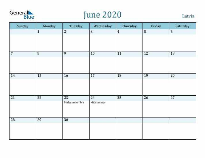 June 2020 Calendar with Holidays