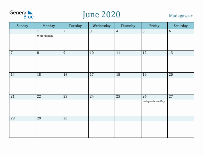 June 2020 Calendar with Holidays