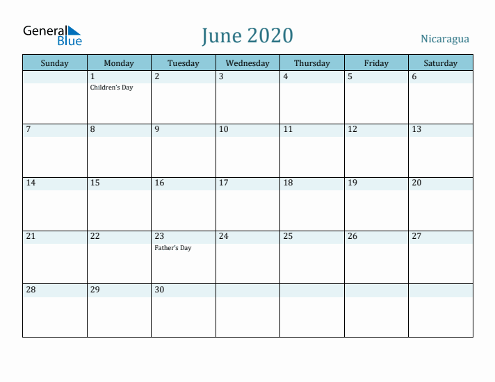 June 2020 Calendar with Holidays