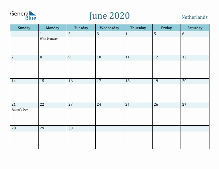 June 2020 Calendar with Holidays