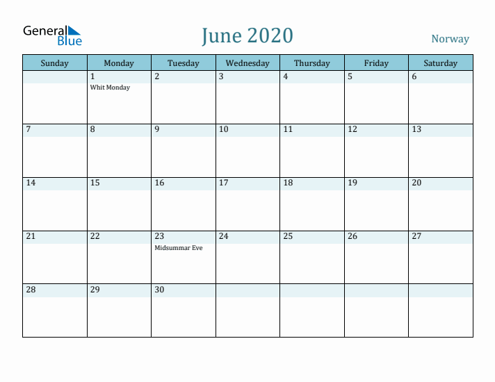 June 2020 Calendar with Holidays